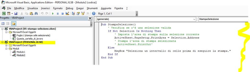 Creazione della Macro VBA per Stampare la Selezione